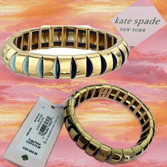 Kate Spade Gold Black-White Pop Enamel Sliced Scallop Stretch Metal Bracelet - Picture 1 of 4